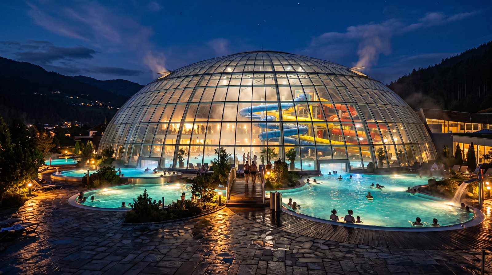 Akşam ışıklarıyla aqua park ve kaydıraklar