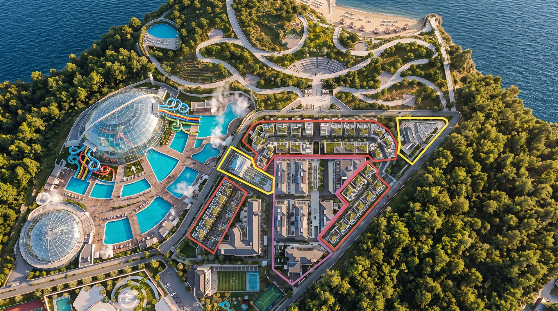 Aqua park — kaydıraklar ve kumsallı yüzme havuzu